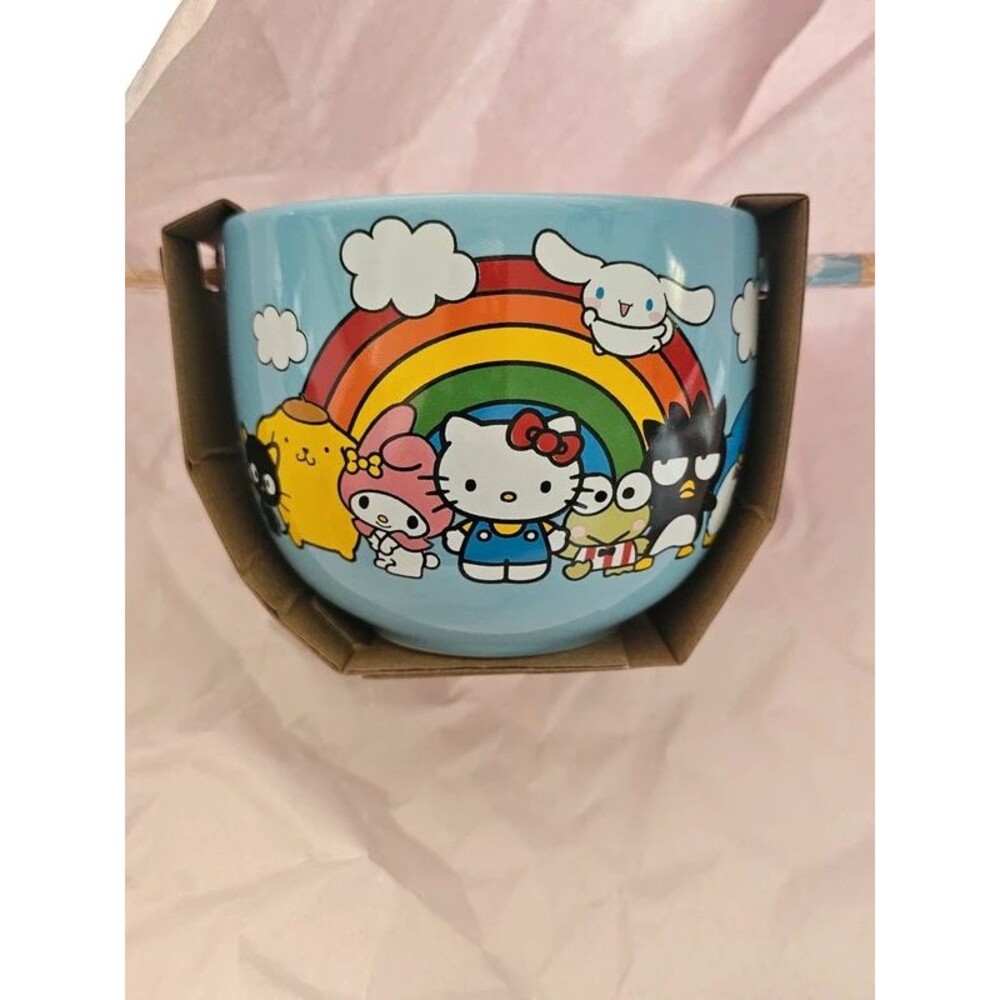 NWT Hello Kitty Rainbow Characters Bowl With Chopsticks